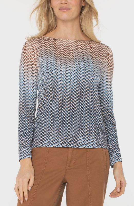 Liverpool Long Sleeve Boat Neck Knit Top Blue/ Tan Multi