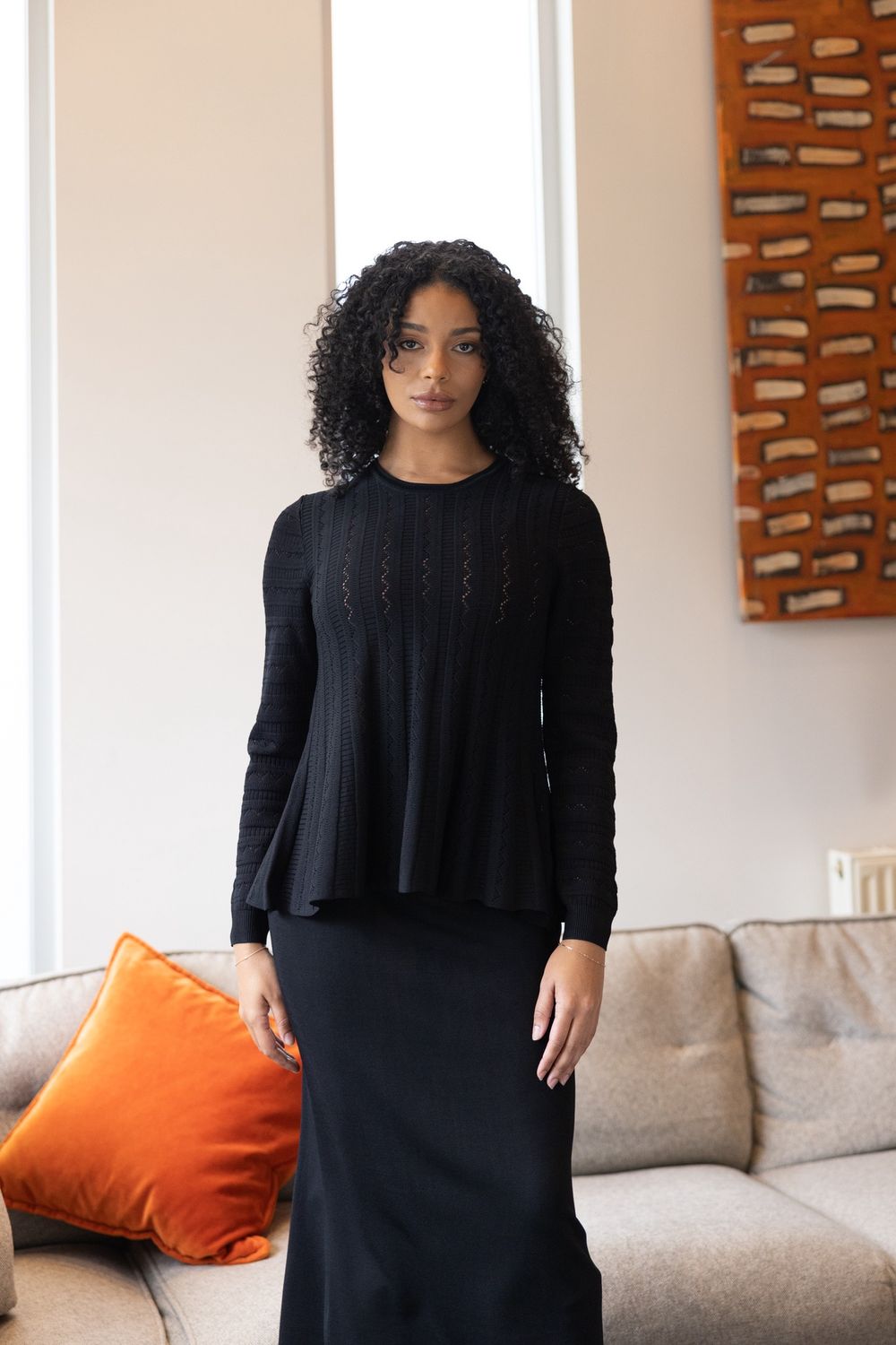 Two T's Milano Pointelle Peplum Top Black