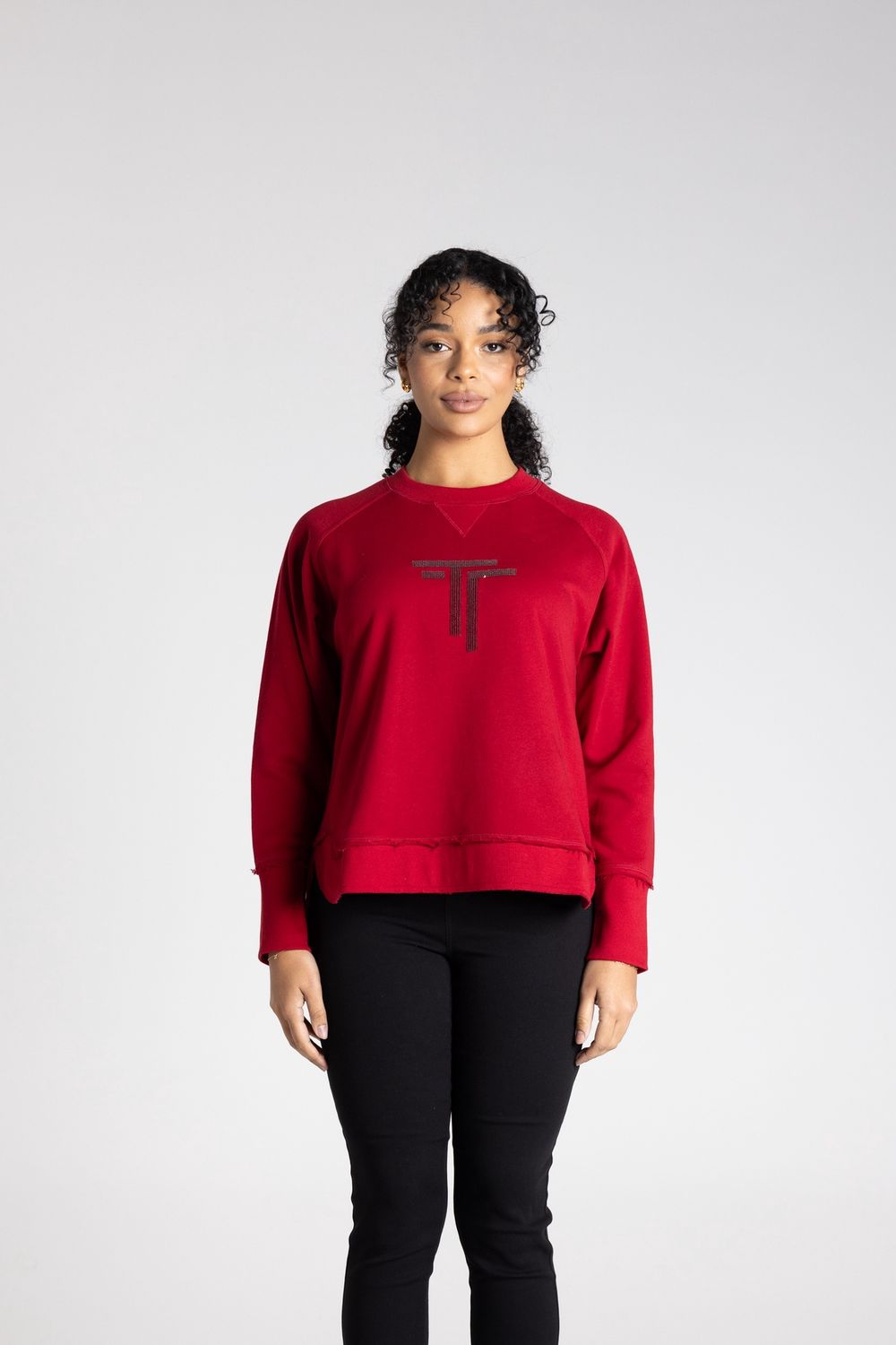 Two T's Raw Edge Sweater w/ DTM Logo Sequin Spiced Wine