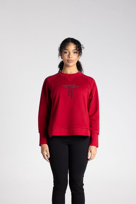 Two T's Raw Edge Sweater w/ DTM Logo Sequin Spiced Wine