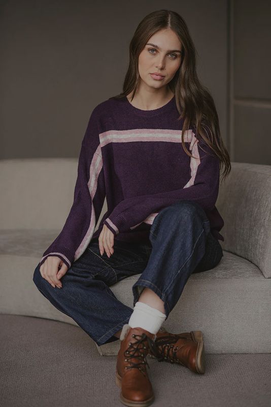 Bella Yoke Stripe Pullover Aubergine Combo