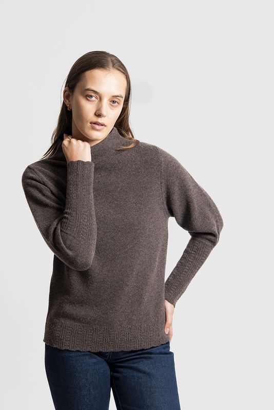 Fields Funnel Neck with Pointelle Puff Sleeve Coffee Bean
