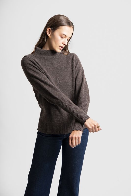 Fields Funnel Neck with Pointelle Puff Sleeve Coffee Bean