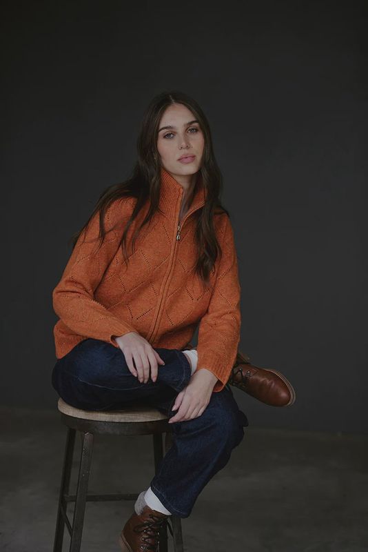 Bella Diamond Pointelle Relaxed Zip Marmalade