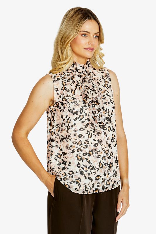 Ping Pong Sofia NeckTie Sleeveless Top Jaguar Print