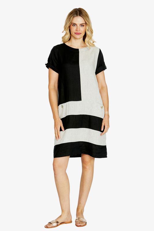 Ping Pong Carrie Colour block Linen Dress Black/Raffia