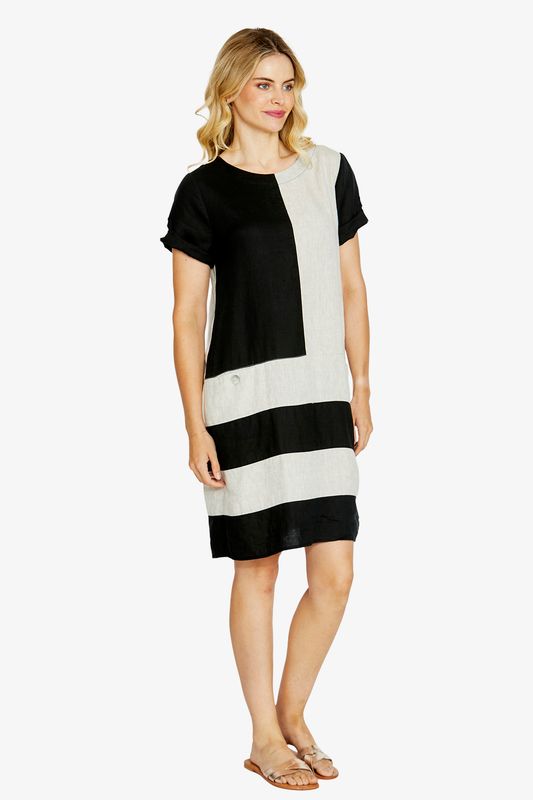 Ping Pong Carrie Colour block Linen Dress Black/Raffia