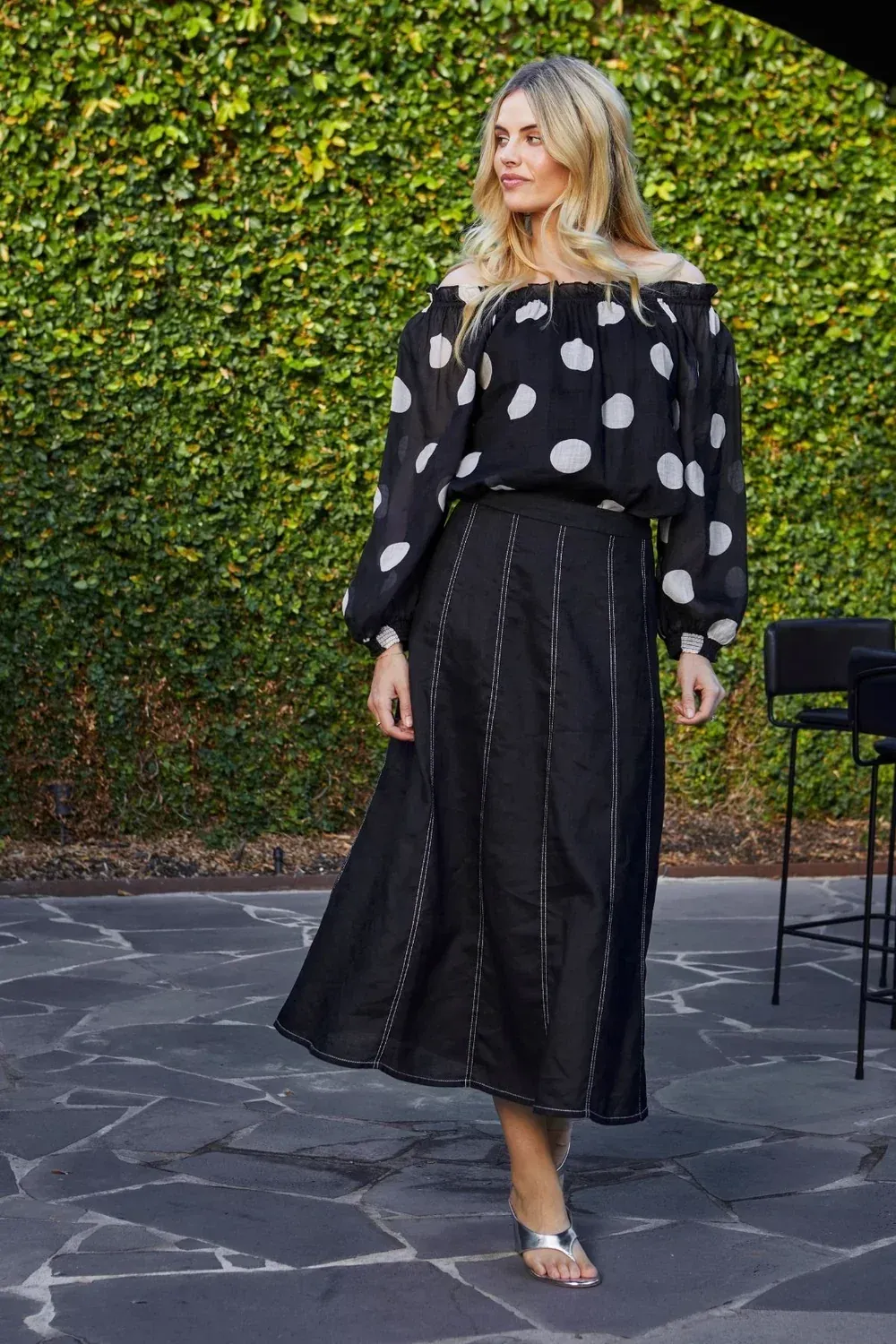 Ping Pong Rita Contrast Stitch Panel Skirt Black/White
