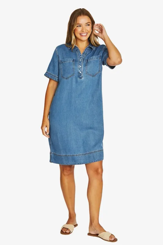 Jump 2 Pocket Soft Denim Dress Mid Blue