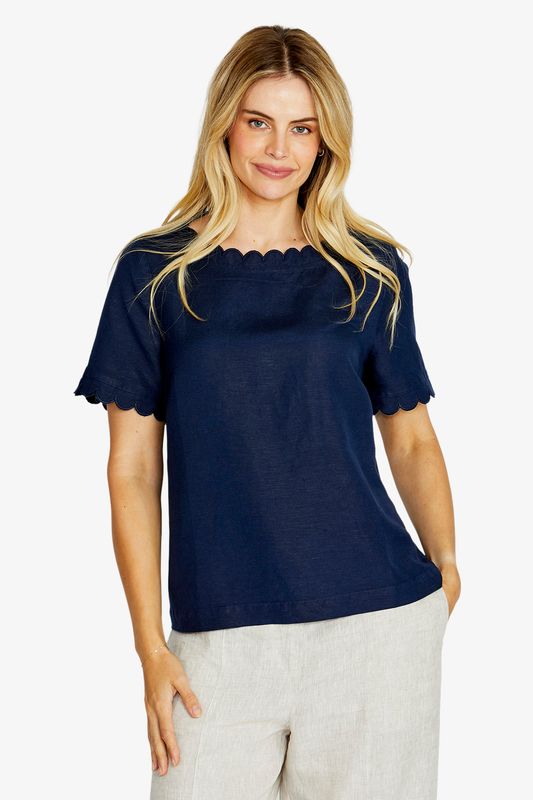 Ping Pong Monica Scallop Nk Short Sleeve Top True Navy