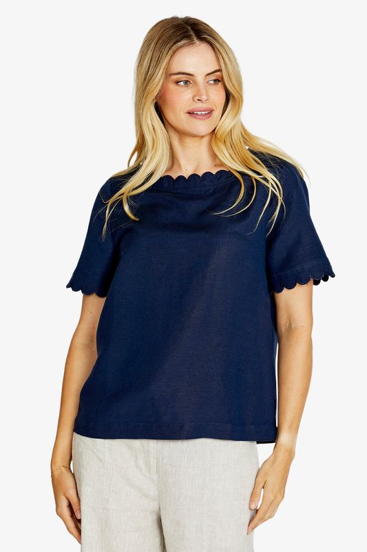 Ping Pong Monica Scallop Nk Short Sleeve Top True Navy