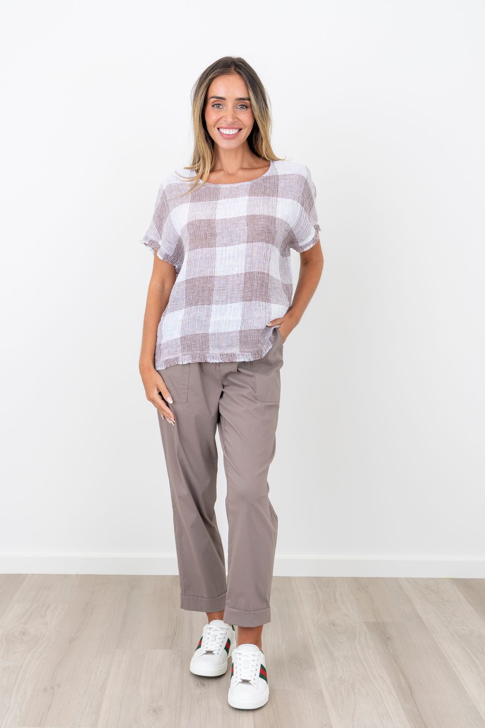 Maglia Lauren Linen Check Frill Latte