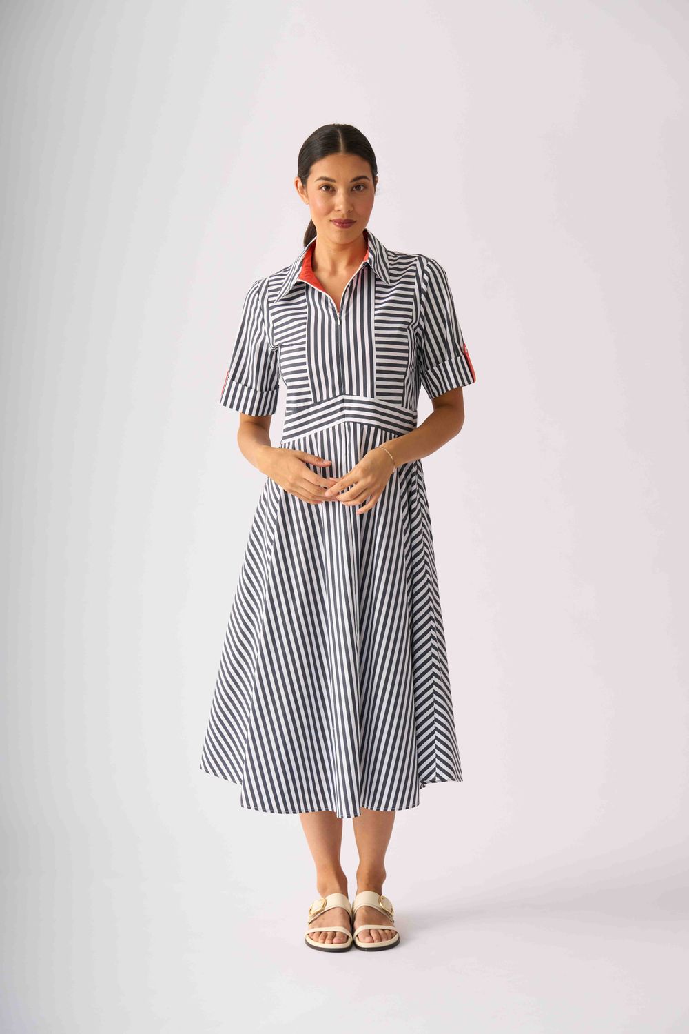Foil On Point Dress Navy Stripe Tangelo