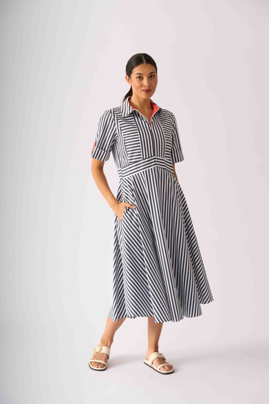 Foil On Point Dress Navy Stripe Tangelo