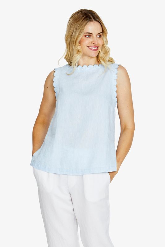 Ping Pong Margie Linen Scallop Top Light Blue