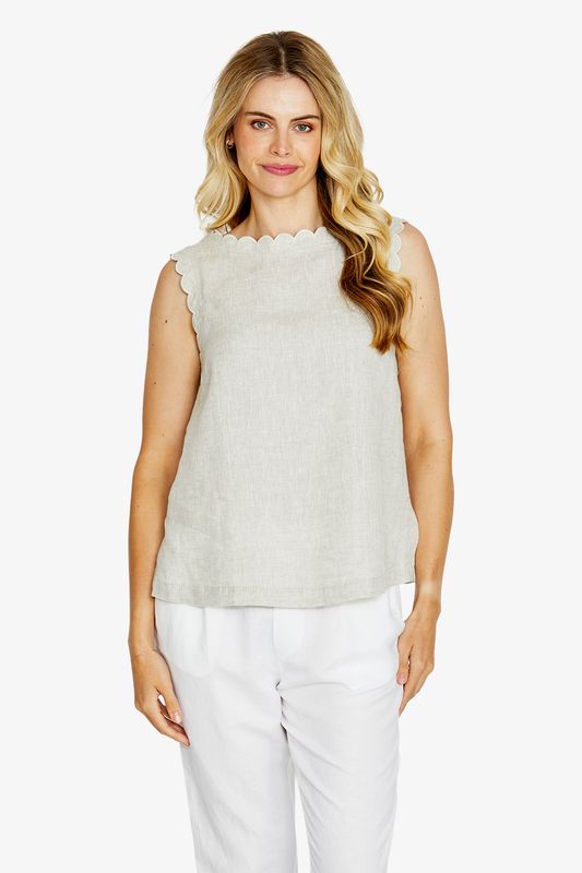 Ping Pong Margie Scallop Linen Top Raffia