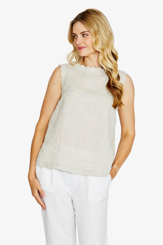 Ping Pong Margie Scallop Linen Top Raffia