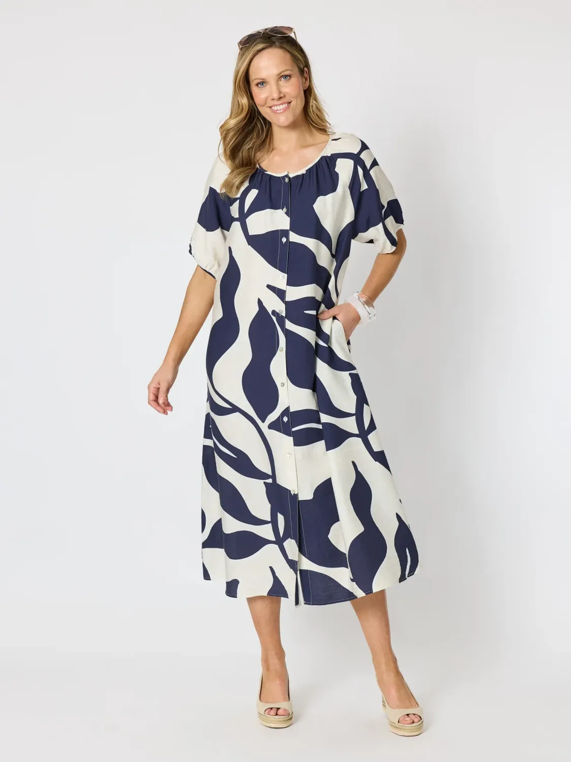 Clarity Bay Leaf Midi Dress Navy Multi