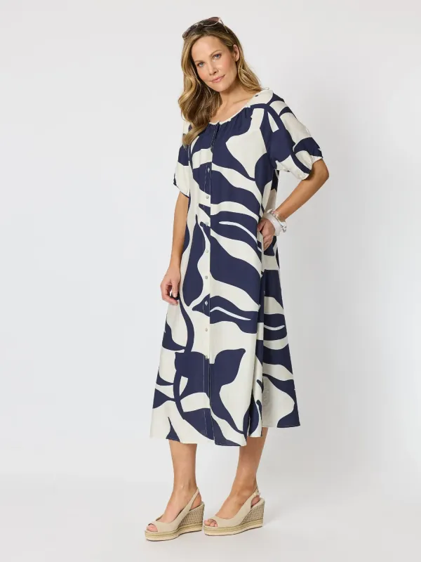 Clarity Bay Leaf Midi Dress Navy Multi