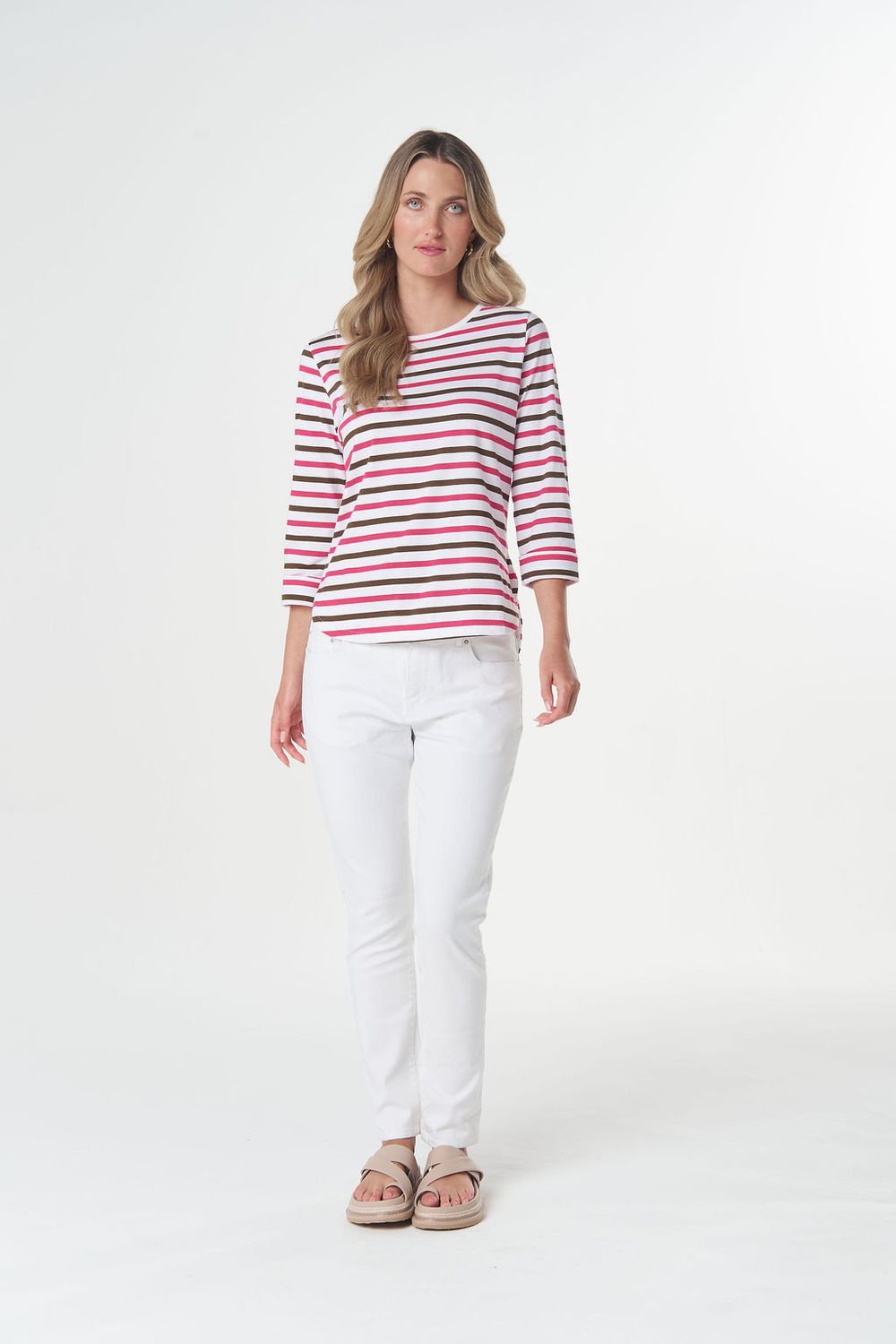 Goondiwindi Multi Stripe 3/4 Sleeve Tee Electric Pink