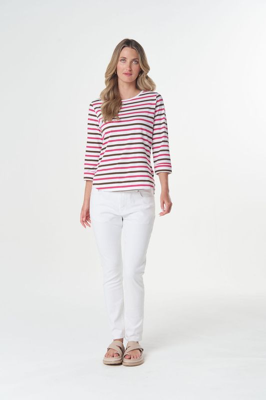 Goondiwindi Multi Stripe 3/4 Sleeve Tee Electric Pink
