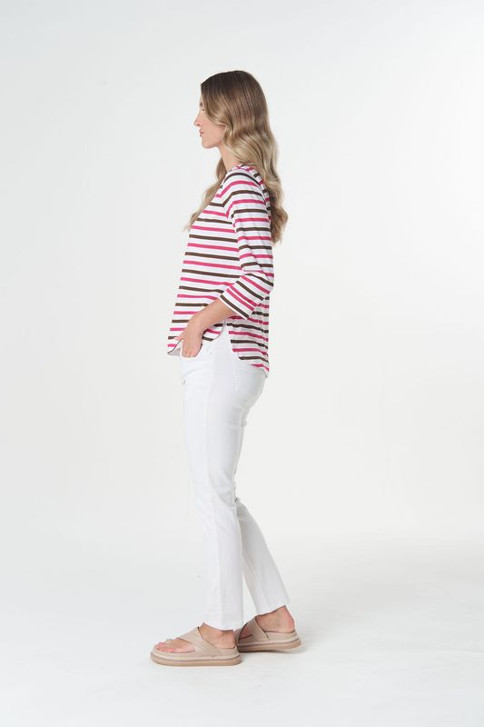 Goondiwindi Multi Stripe 3/4 Sleeve Tee Electric Pink