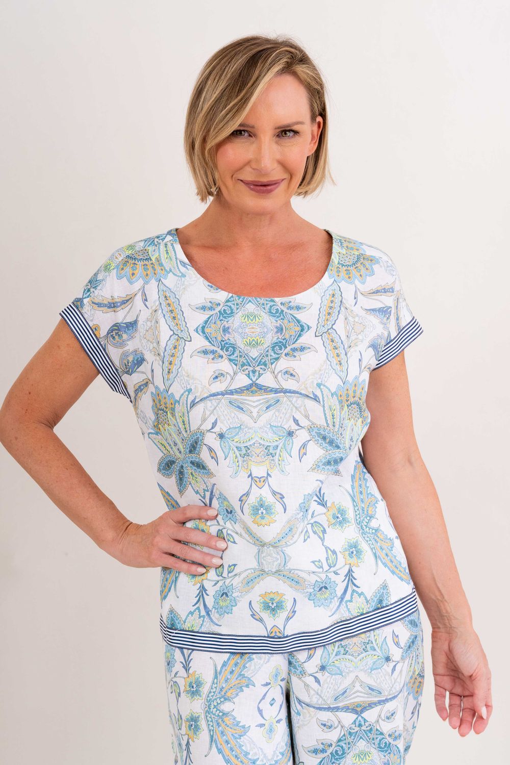 See Saw Womens 100% Linen Cap Sleeveless Button Back Top Botanical