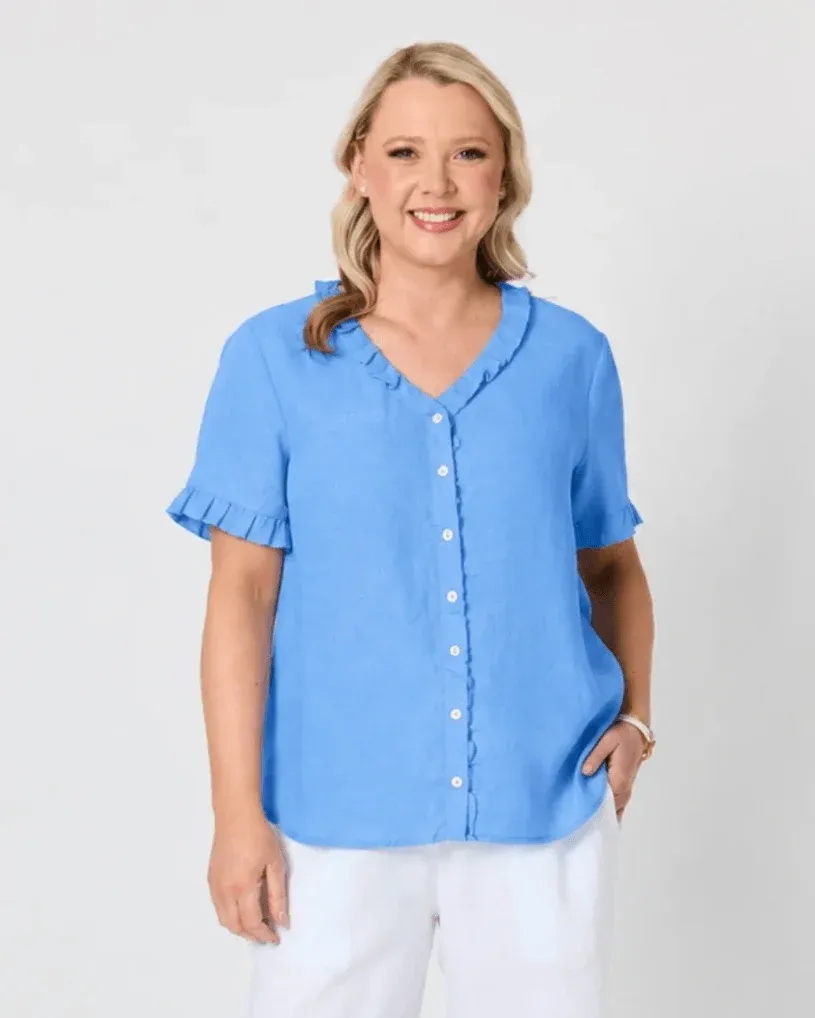 Gordon Smith Audrey Linen Top Cornflower