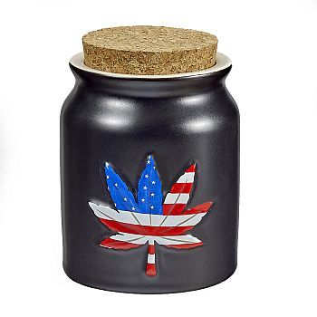 Ceramic Stash Jar w/ Wooden Lid, Color: Patriotic Leaf