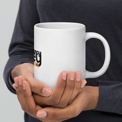 White glossy mug &quot;Consistency is Key: White Glossy Mug with Blockwear Motif&quot;