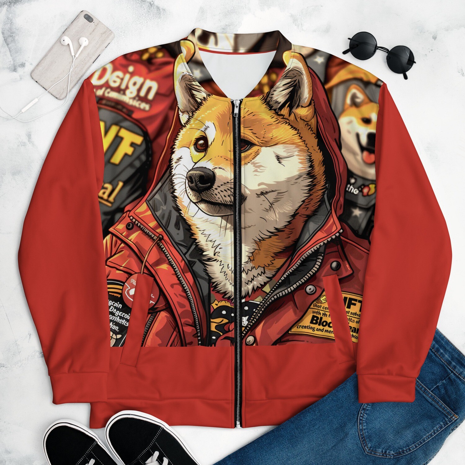 Unisex Bomber Jacket  &quot;Beyond the Moon: Unisex Bomber Jacket with Dogecoin NFT Art by BlockWear&quot;