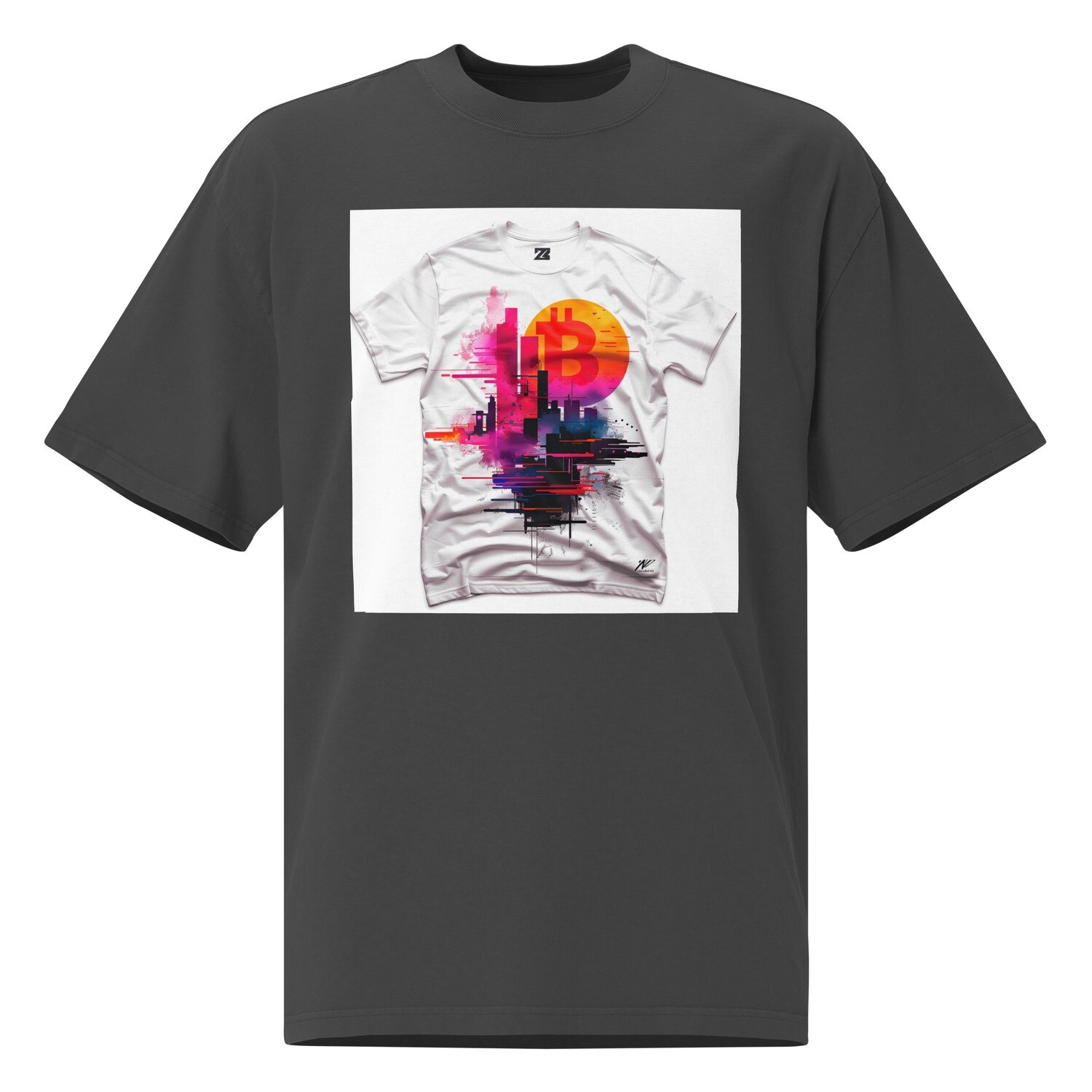 Oversized faded t-shirt &quot;Blockchain Fusion: Oversized Faded T-Shirt with BTC Logo NFT Art by BlockWear&quot;