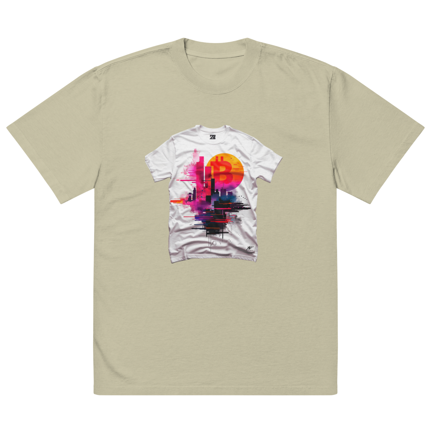 Oversized faded t-shirt &quot;Blockchain Fusion: Oversized Faded T-Shirt with BTC Logo NFT Art by BlockWear&quot;