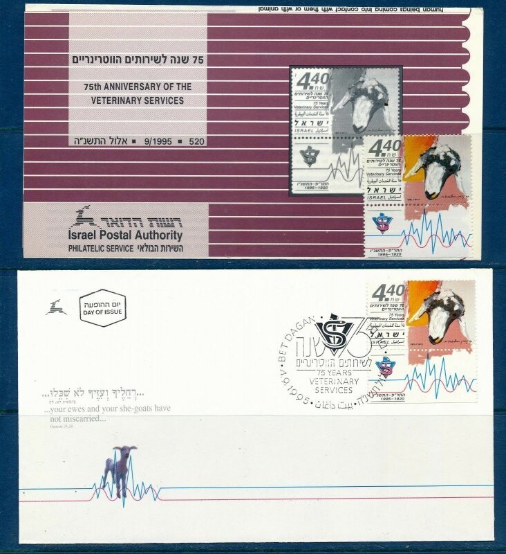 ISRAEL 1995 70th VETERINARY SERVICES STAMP MNH + FDC + POSTAL SERVICE BULLETIN