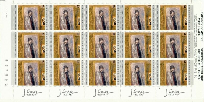 ISRAEL 1999 BELGIUM JOINT ISSUE WITH ISRAEL J. ENSOR 10 STAMP BELGIUM SHEET MNH