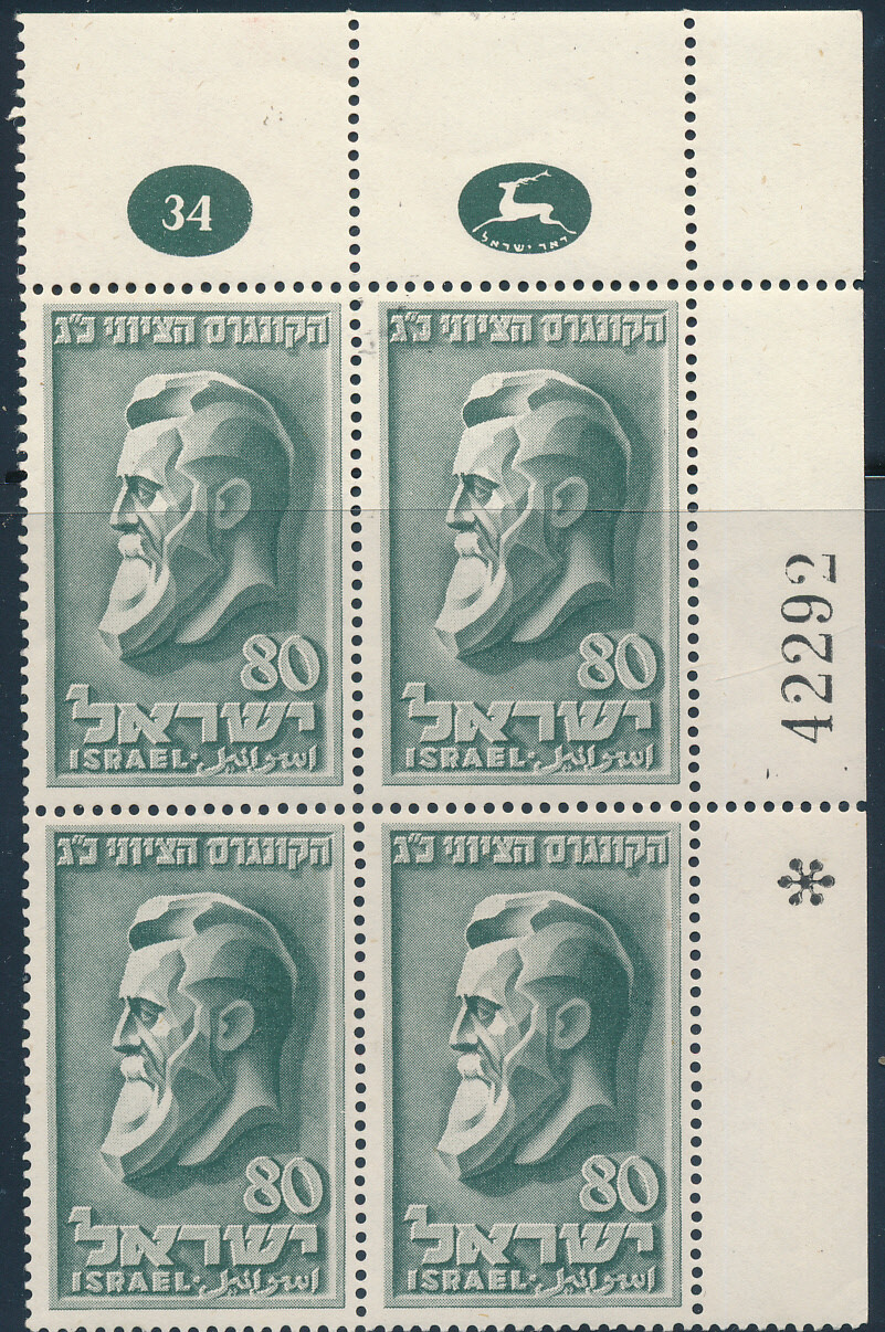 ISRAEL 1951 23rd ZIONIST CONGRESS HERZL STAMP PLATE BLOCK MNH SEE SCAN