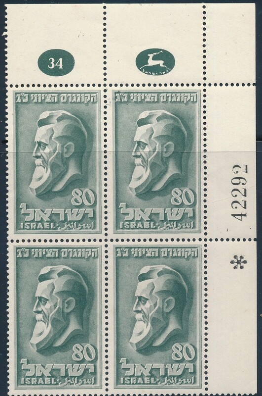 ISRAEL 1951 23rd ZIONIST CONGRESS HERZL STAMP PLATE BLOCK MNH SEE SCAN