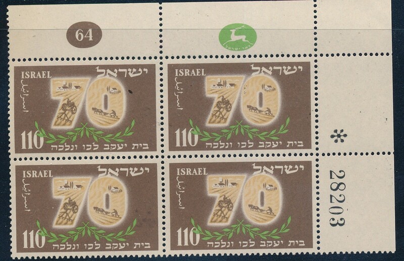 ISRAEL 1952 BILU STAMP PLATE BLOCK  MNH