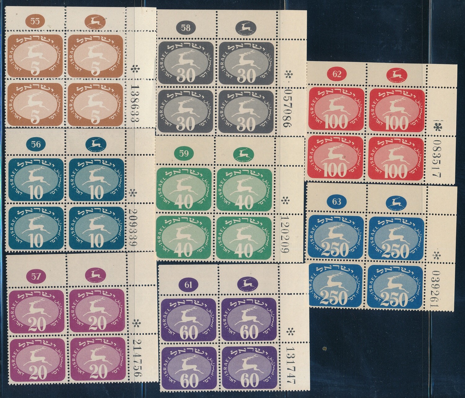 ISRAEL 1952 POSTAGE DUE 3rd SERIES STAMPS PLATE BLOCKS MNH