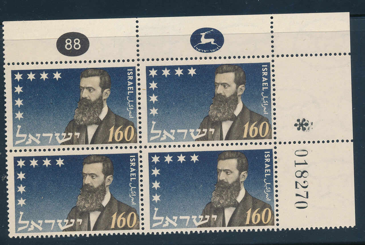 ISRAEL 1954 HERZL 50th ANNIVERSARY OF DEATH STAMP PLATE BLOCK MNH