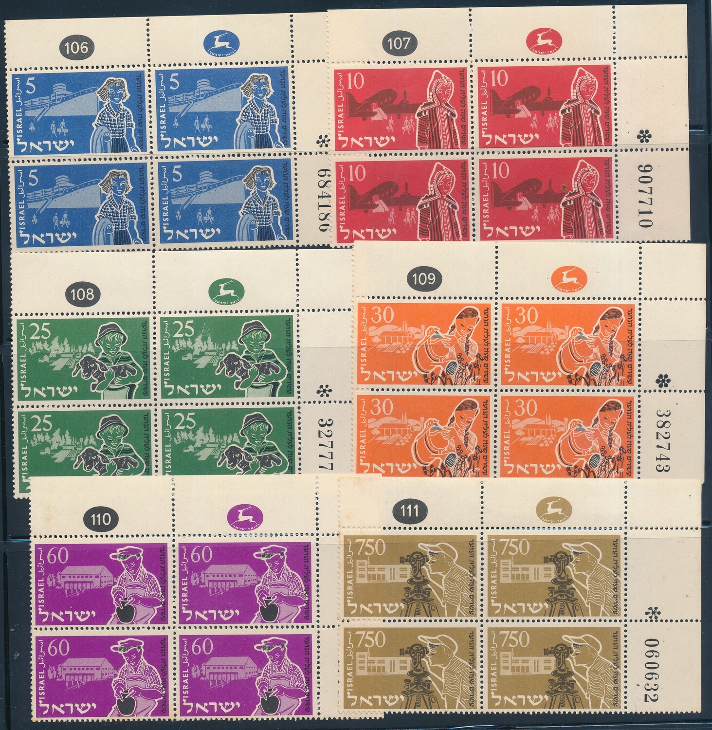 ISRAEL 1955 20th ANNIVERSARY OF YOUTH ALIYAH SET OF 6 STAMPS PLATE BLOCKS MNH