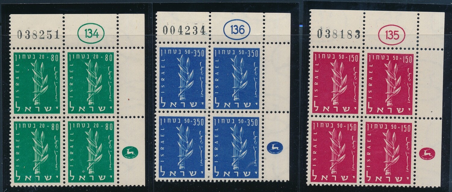 ISRAEL 1957 DEFENCE FORCES SET OF STAMPS PLATE BLOCKS MNH