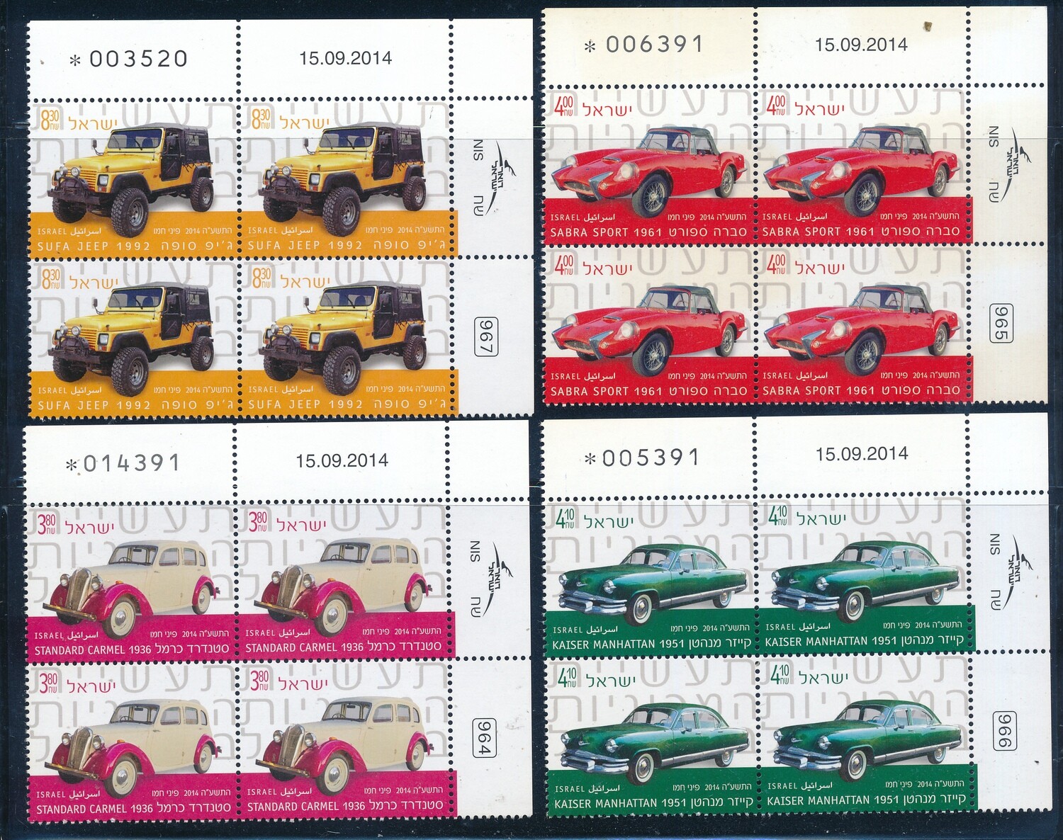 ISRAEL 2014 AUTOMOTIVE INDUSTRY -CARS STAMPS PLATE BLOCKS MNH