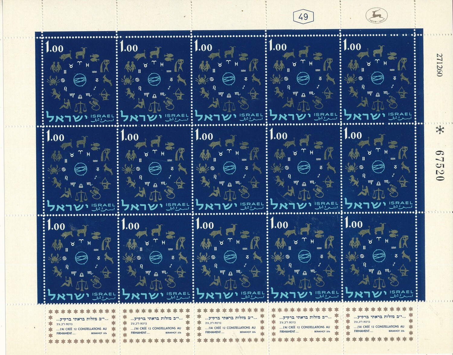 ISRAEL 1961 ZODIAC 1.00 ag SHEET DATED 27.12.1960 MNH