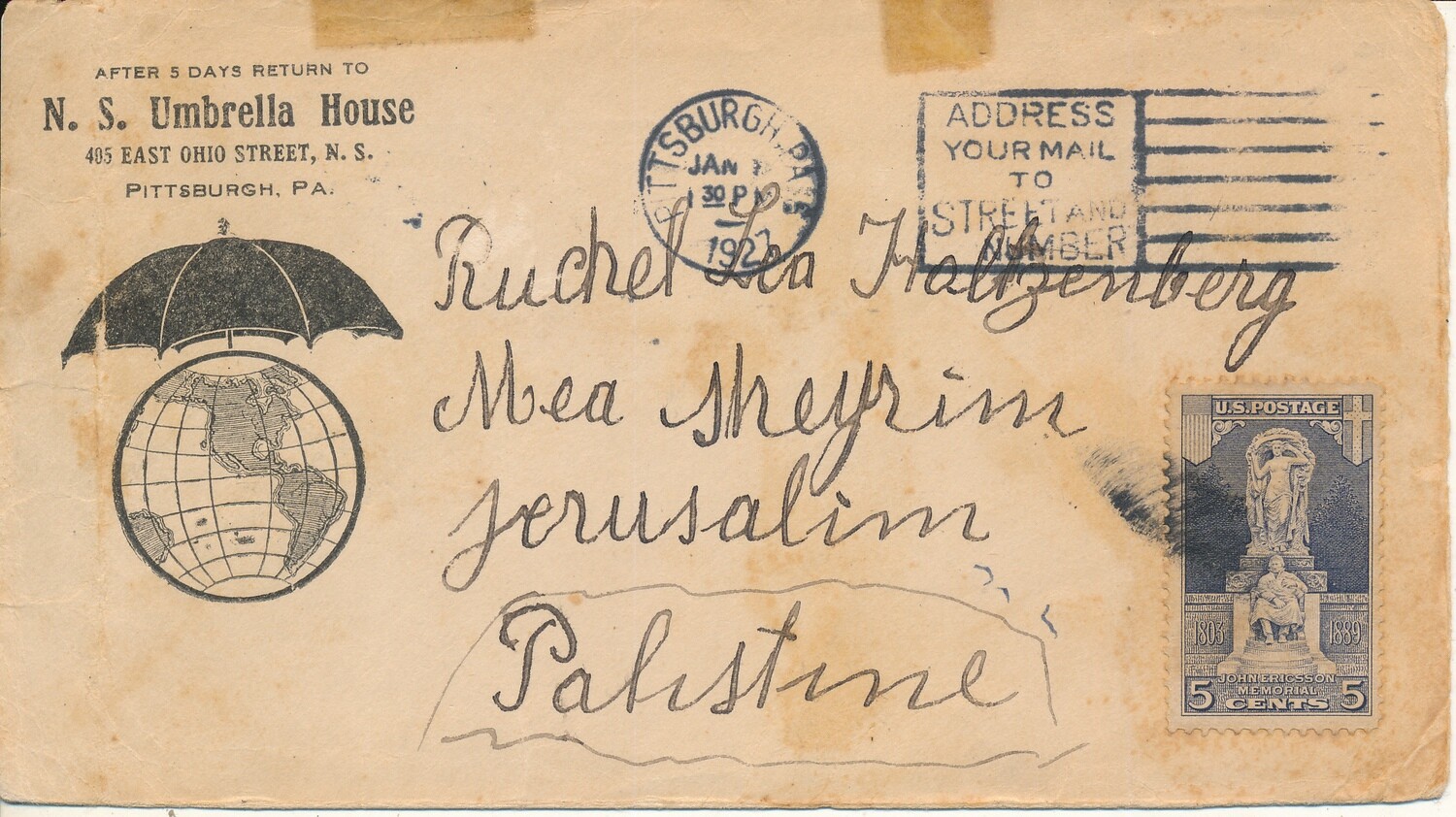 ISRAEL 1927 LETTER FROM PITTSBURGH TO JERUSALEM PALESTINE - VERY CLEAN -