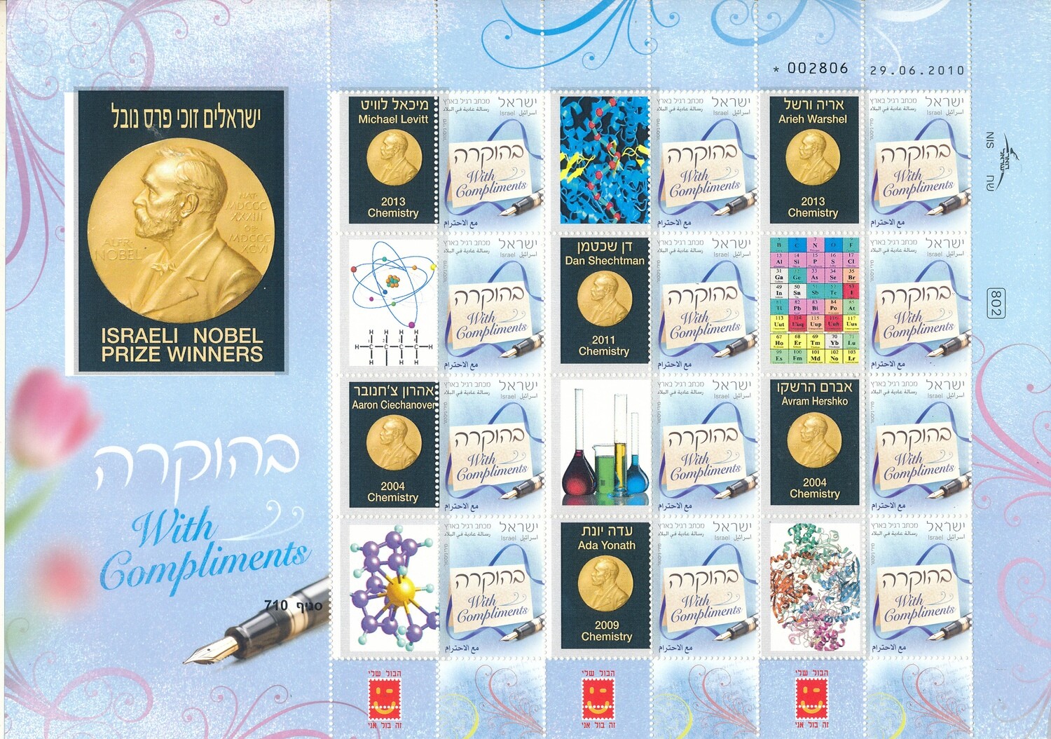 ISRAEL 2010 ISRAELI NOBEL PRIZE WINNERS MY STAMP SHEET MNH