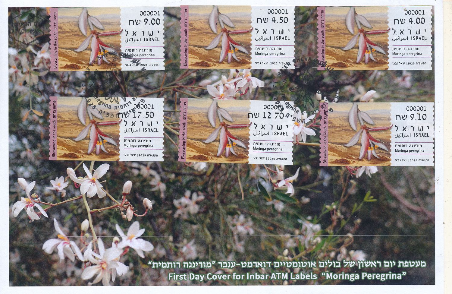 ISRAEL 2025 FLORA MORINGA PEREGRINA  ATM LABEL MACHINE 001 POSTAL SERVICE SET FDC