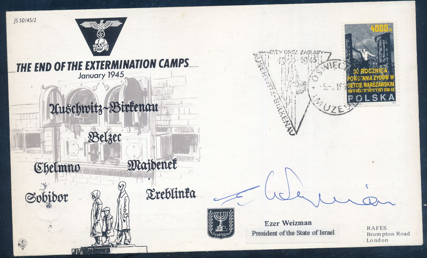 ISRAEL 1993 50TH UPRISINGS IN GHETTOS POLAND FDC SIGNED BY EZER WEITZMAN PRESIDENT