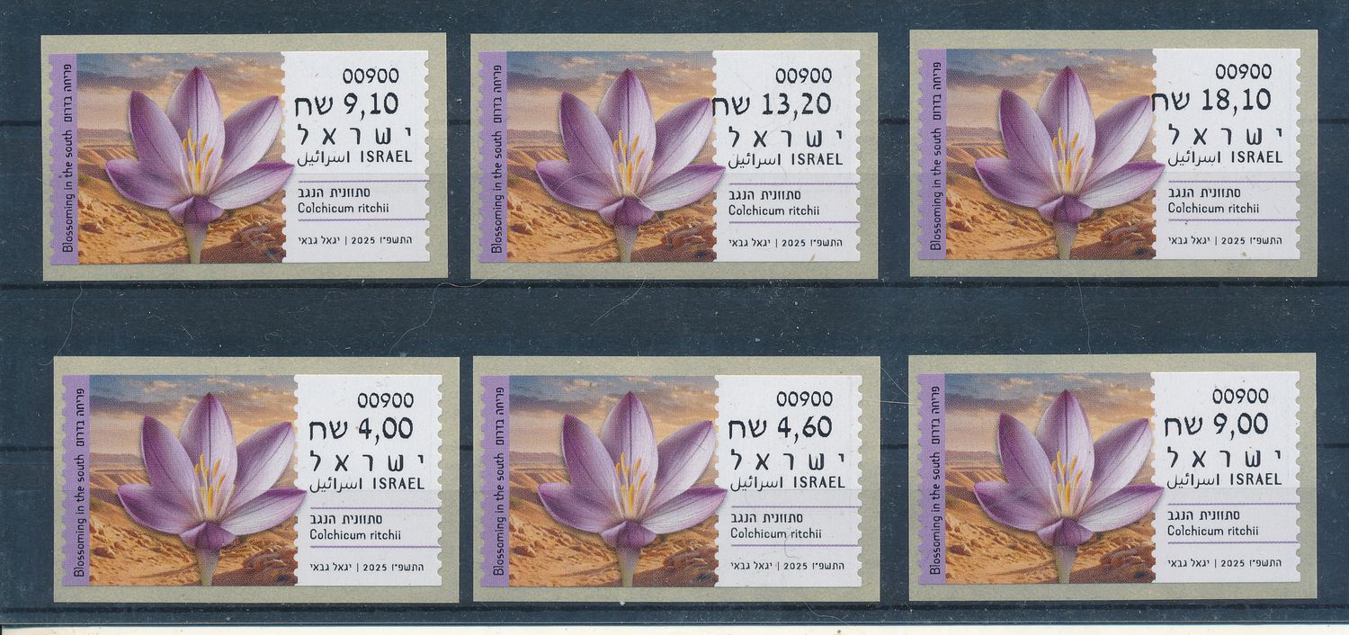 ISRAEL 2025 FLOWERS BLOSSOMING IN THE SOUTH  COLCHISCUM ATM LABELS SET MACHINE # 900 TIBERIUS MNH