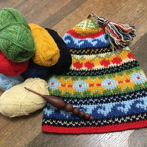 Cheery Cherry Crochet Cap kit, Cheery Cherry Crochet Cap, hat kit, cap kit, Fair Isle hat kit, Fair Isle hat, colorful hat, tassle, Jamieson's of Shetland Spindrift, Spindrift, Shetland Wool, crochet Fair Isle kit, crochet Fair Isle